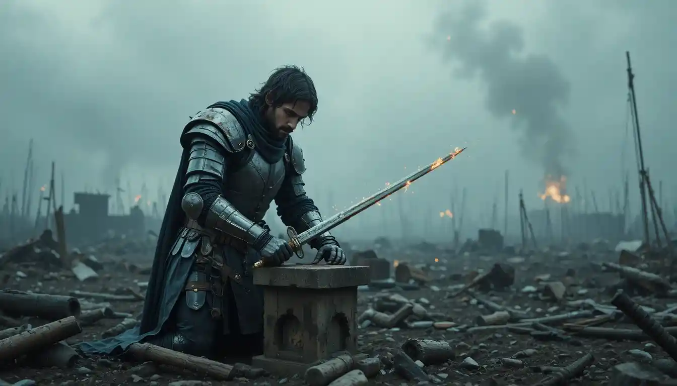 Lone knight sharpening his sword on a ruined battlefield