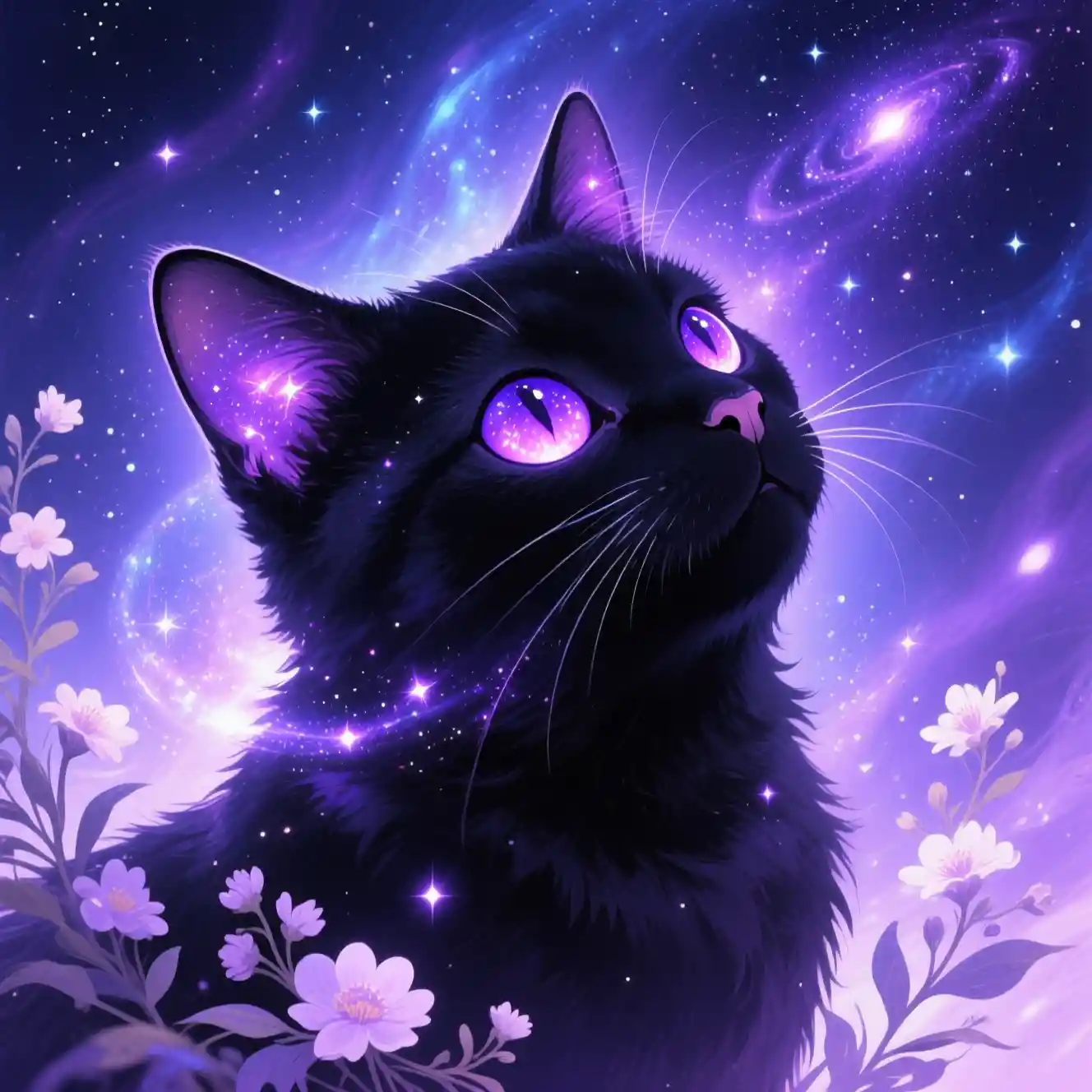 Mystical black cat with glowing purple cosmic eyes