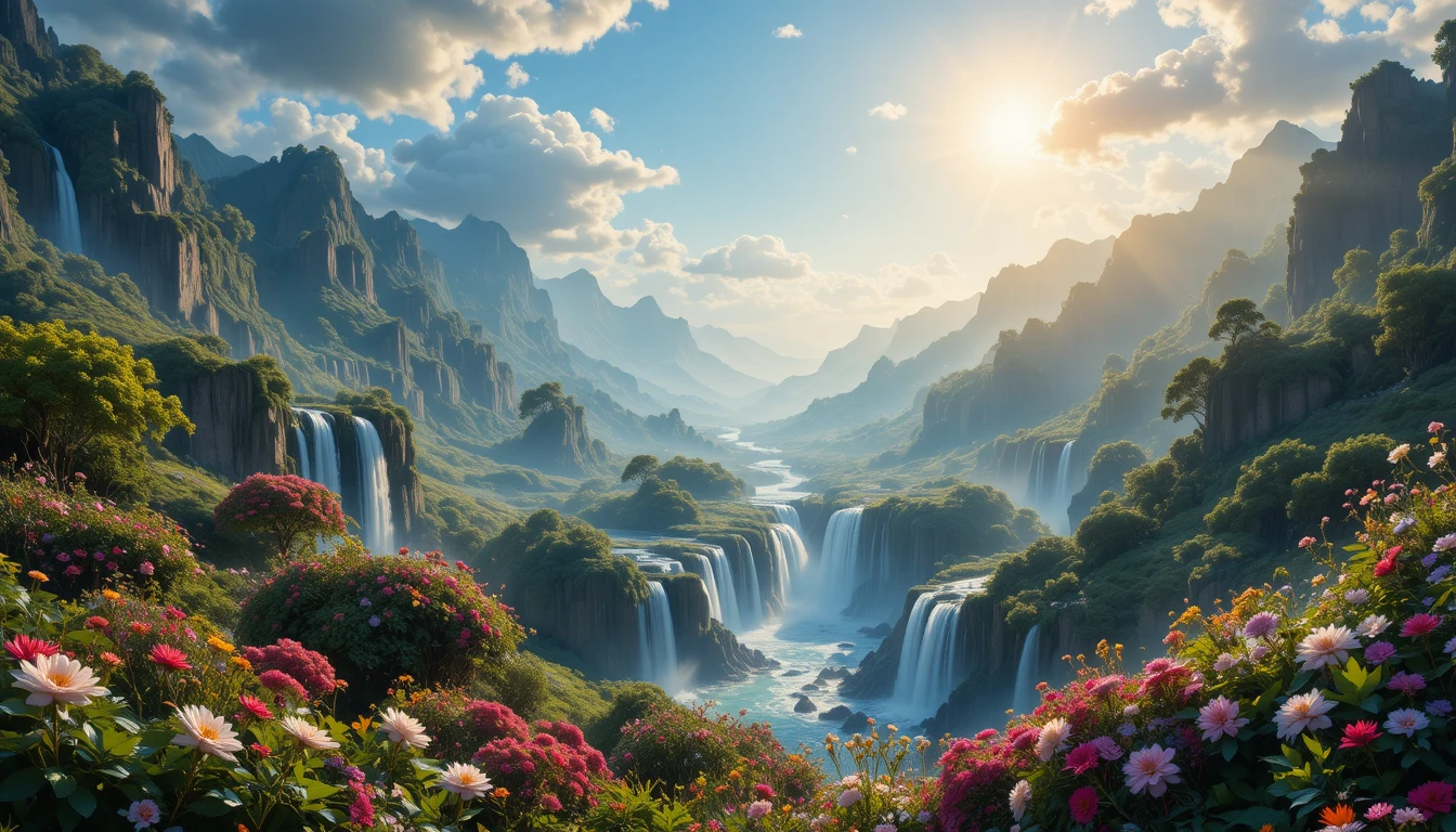 Sunlit waterfalls in a lush green mountain valley