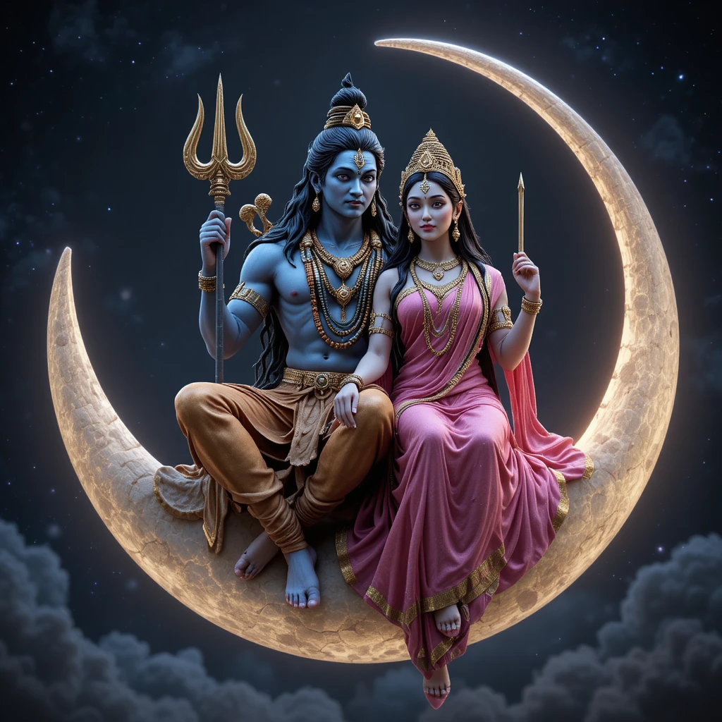 Divine 3D art of Shiva and Parvati on crescent moon