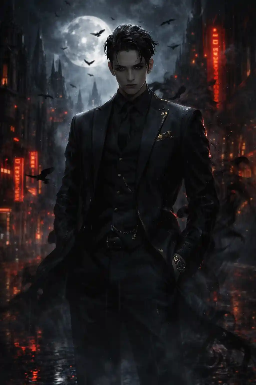 Young mafia boss in a dark neon drenched fantasy city