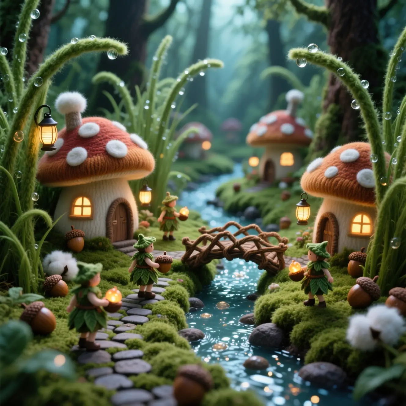 Miniature Mushroom Village On A Woolen Forest Floor