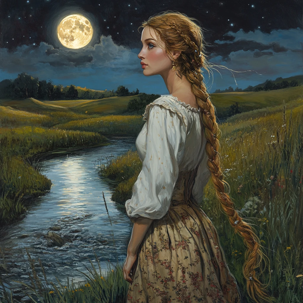 Girl standing by a moonlit river in a quiet field