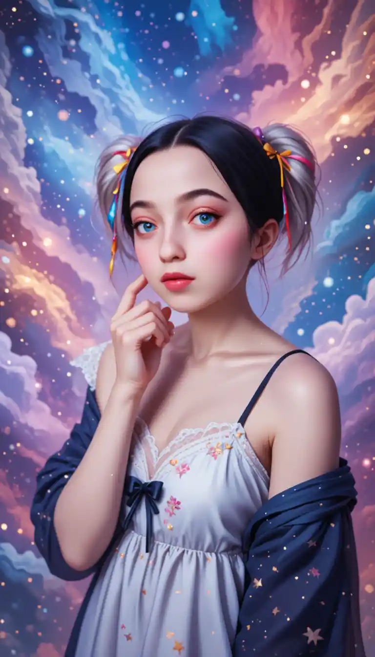Ragazza anime con mantello stellato davanti a una nebulosa cosmica luminosa