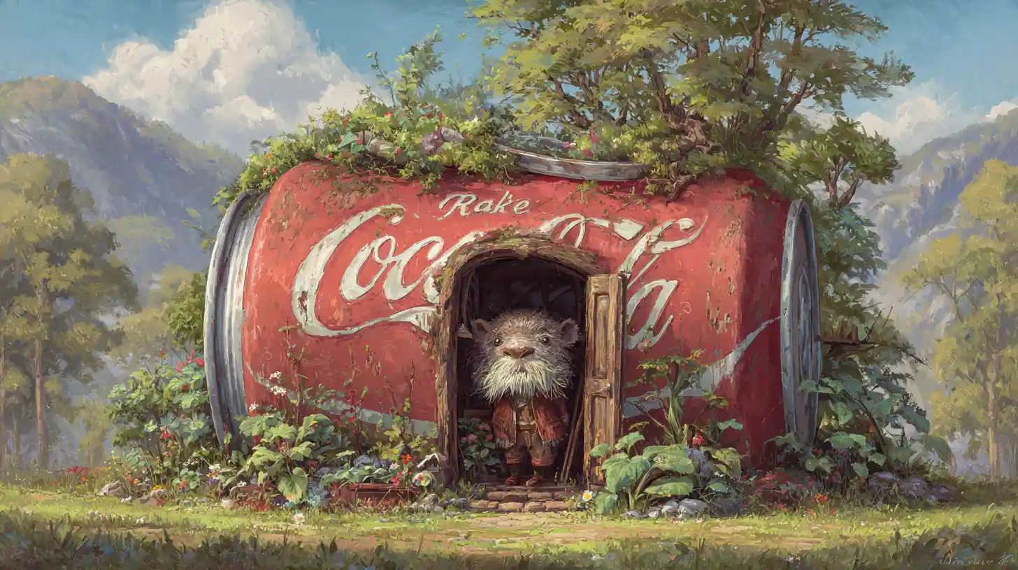 Vintage-Cola-Dosenhaus mit bärtiger Kreatur und Garten