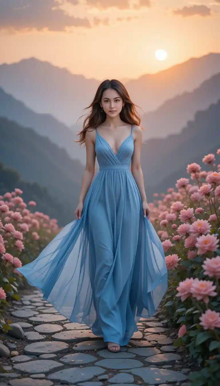 Young woman in blue dress walking a mountain path at sunset
