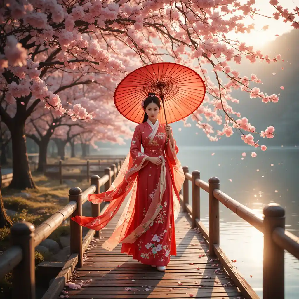 Woman in red hanfu walking with umbrella by the lake