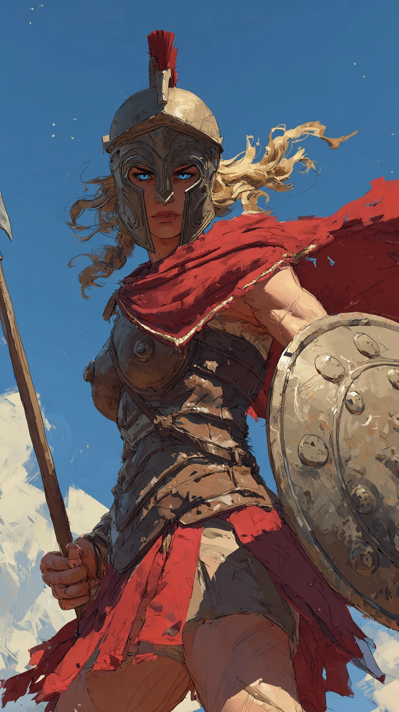 Defiant Spartan warrior woman on a sunlit battlefield