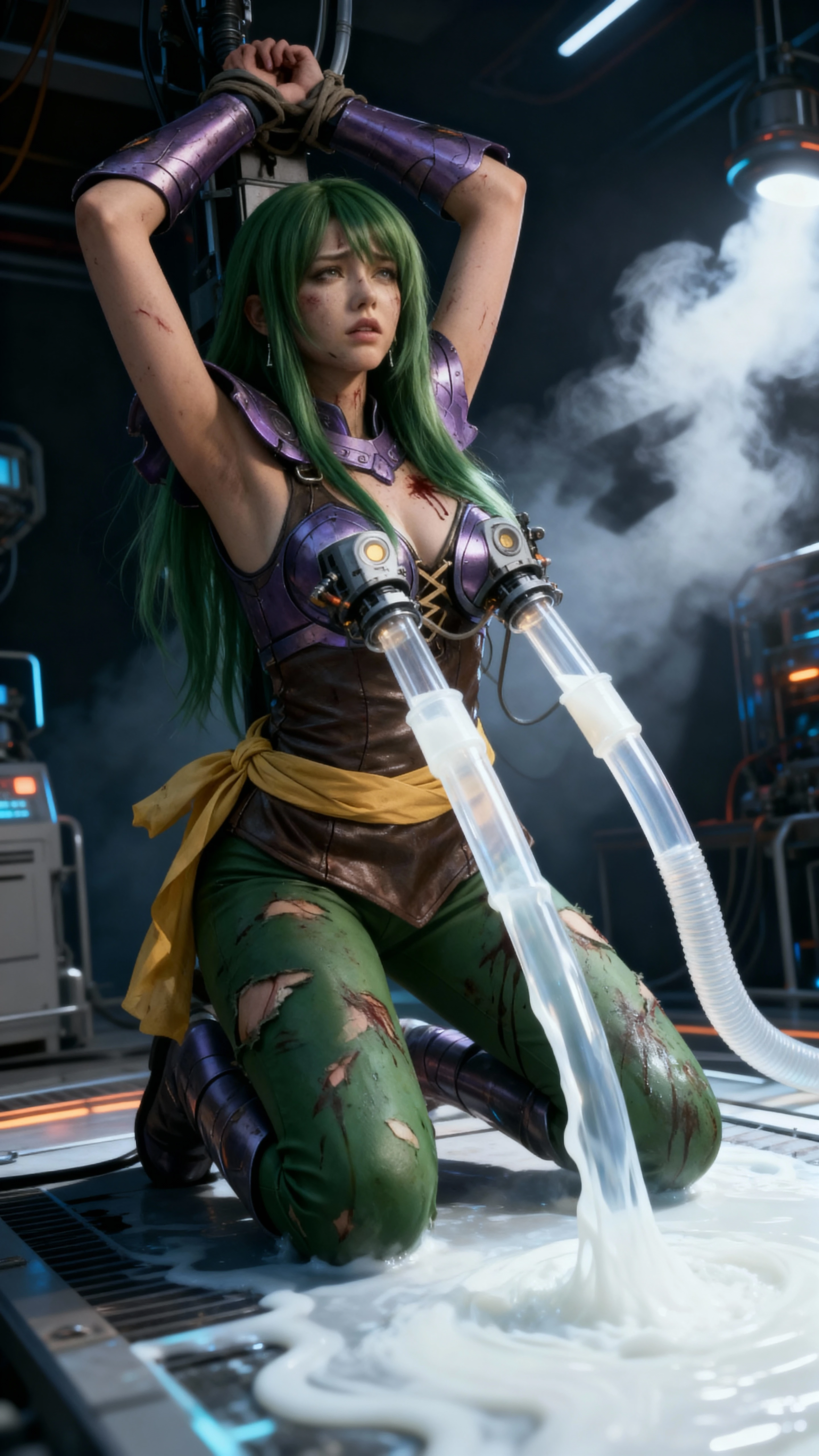 Dark fantasy heroine restrained in a villain laboratory