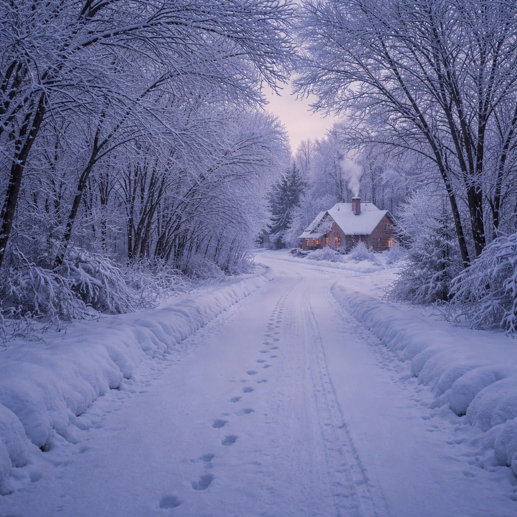 Snowy country road leading to a distant winter home