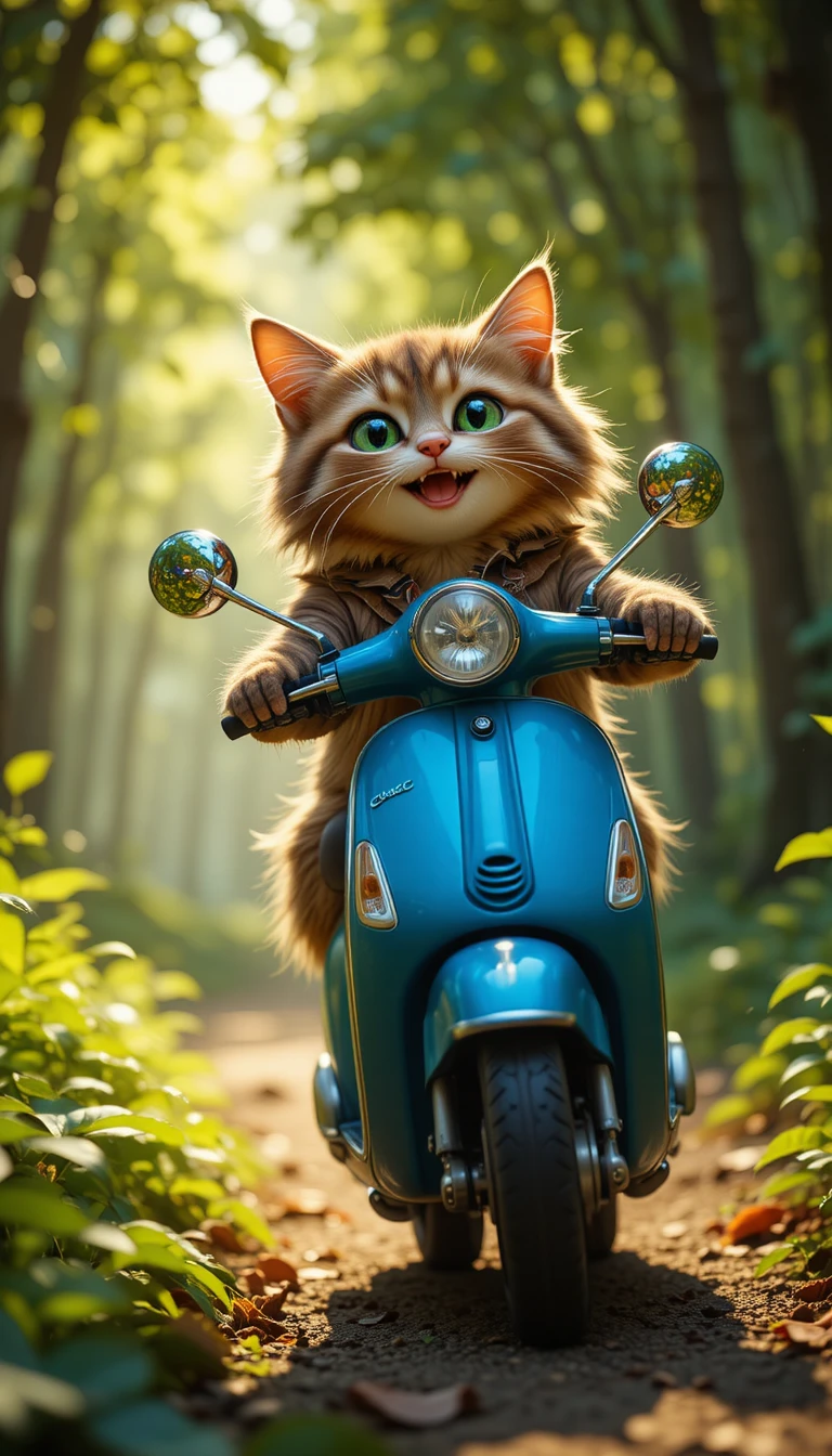 Maine-Coon-Katze fährt auf einem blauen Moped durch einen sonnigen Wald