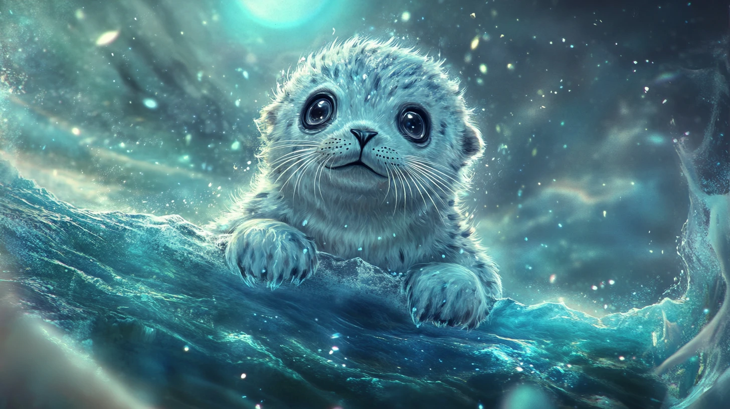 Baby seal on icy ledge under a magical moonlit sky