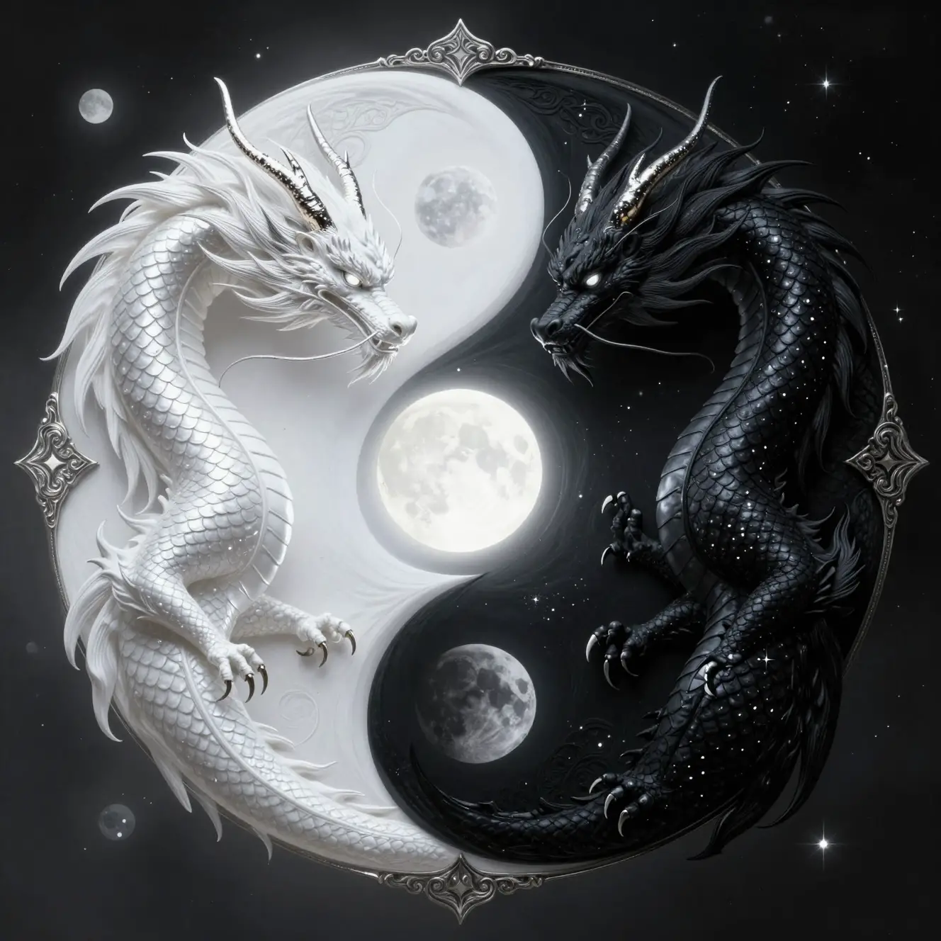 Zwei Drachen formen ein leuchtendes Yin und Yang im Mondlicht