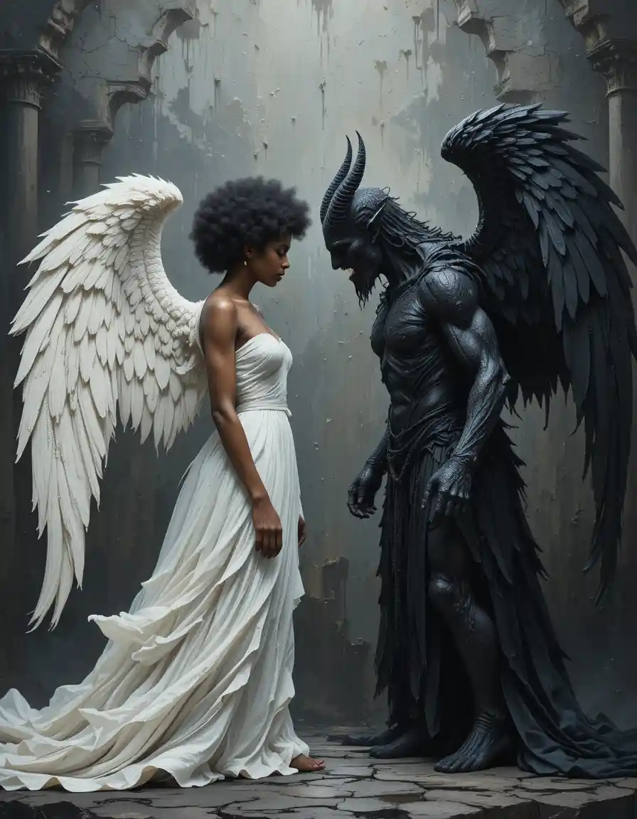 Angel and demon facing each other above a dark castle
