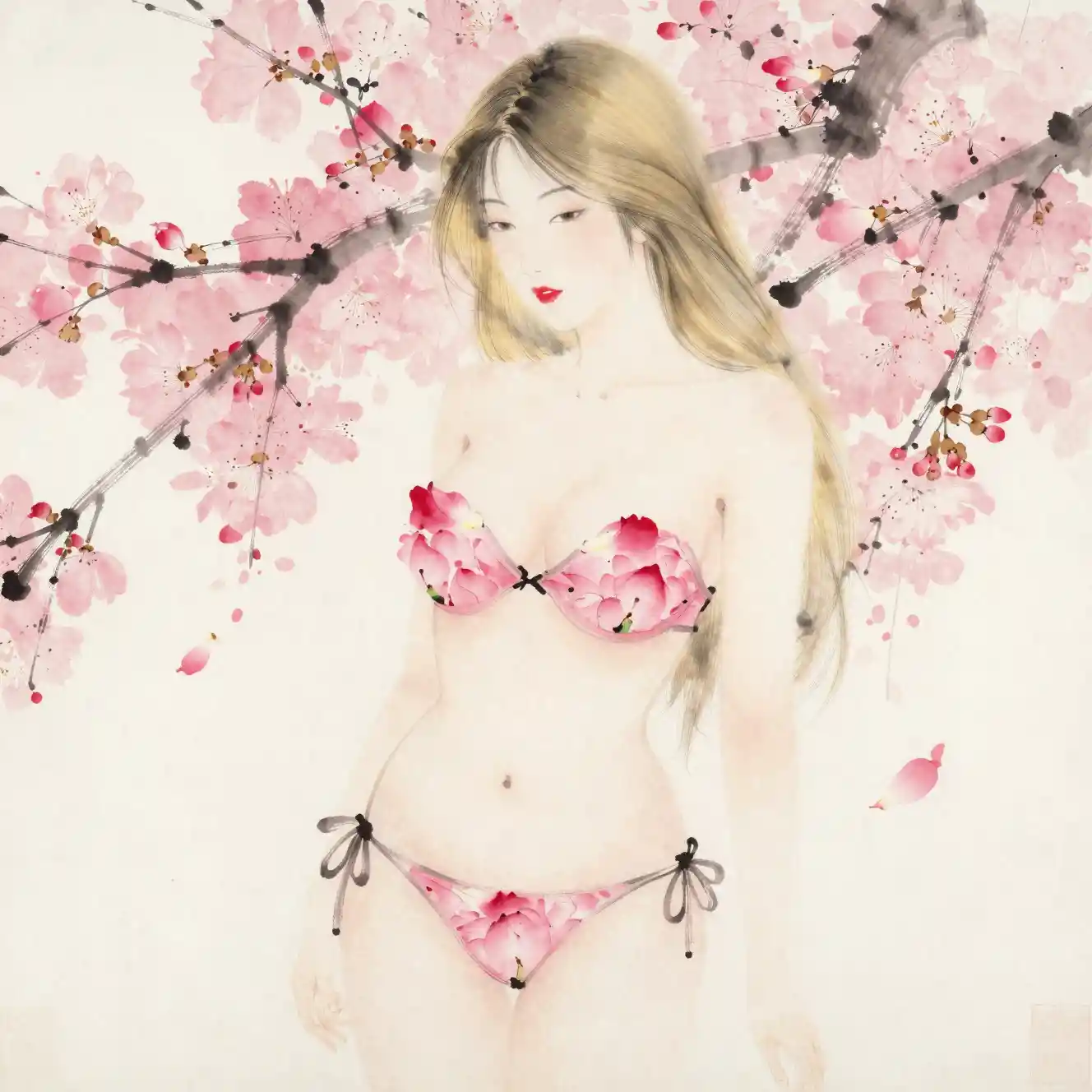 Ink wash woman shaped from rose petals with blossoms