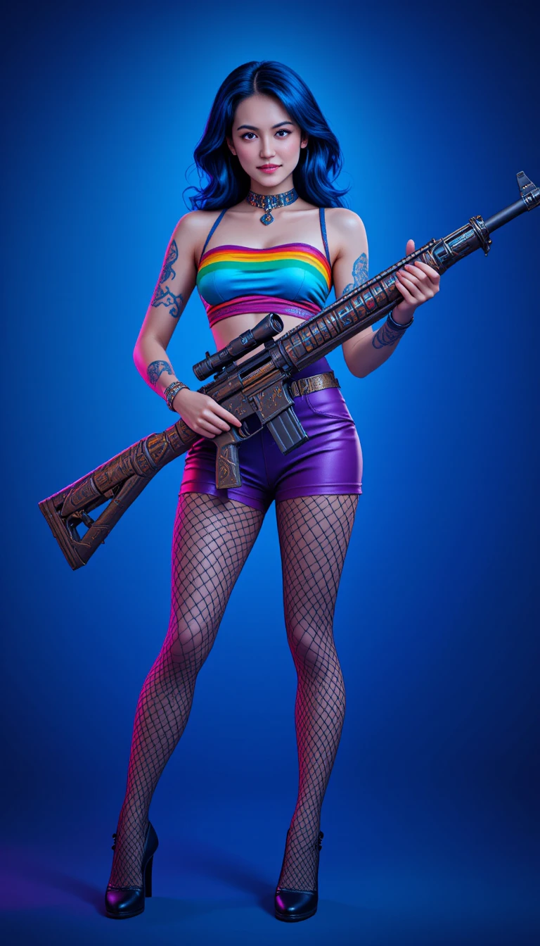 Blue haired woman with ornate rifle on deep blue background
