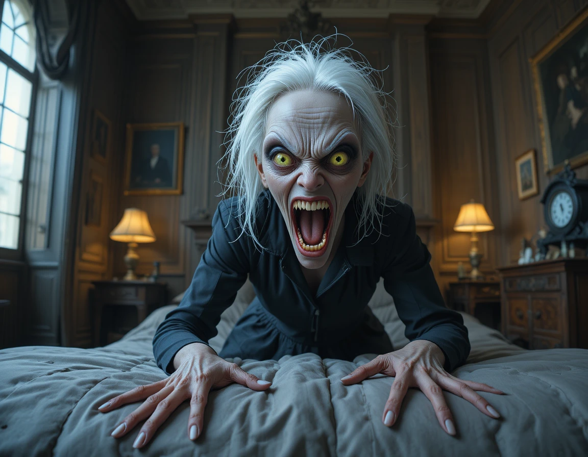 Furchterregende geisterhafte Frau stürzt sich aus einem dunklen Vintage-Schlafzimmer