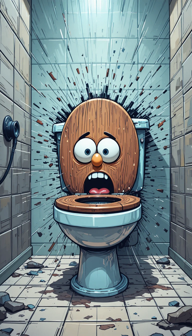 Toilettes cartoon avec abattant en bois qui s’envole et expression choquée