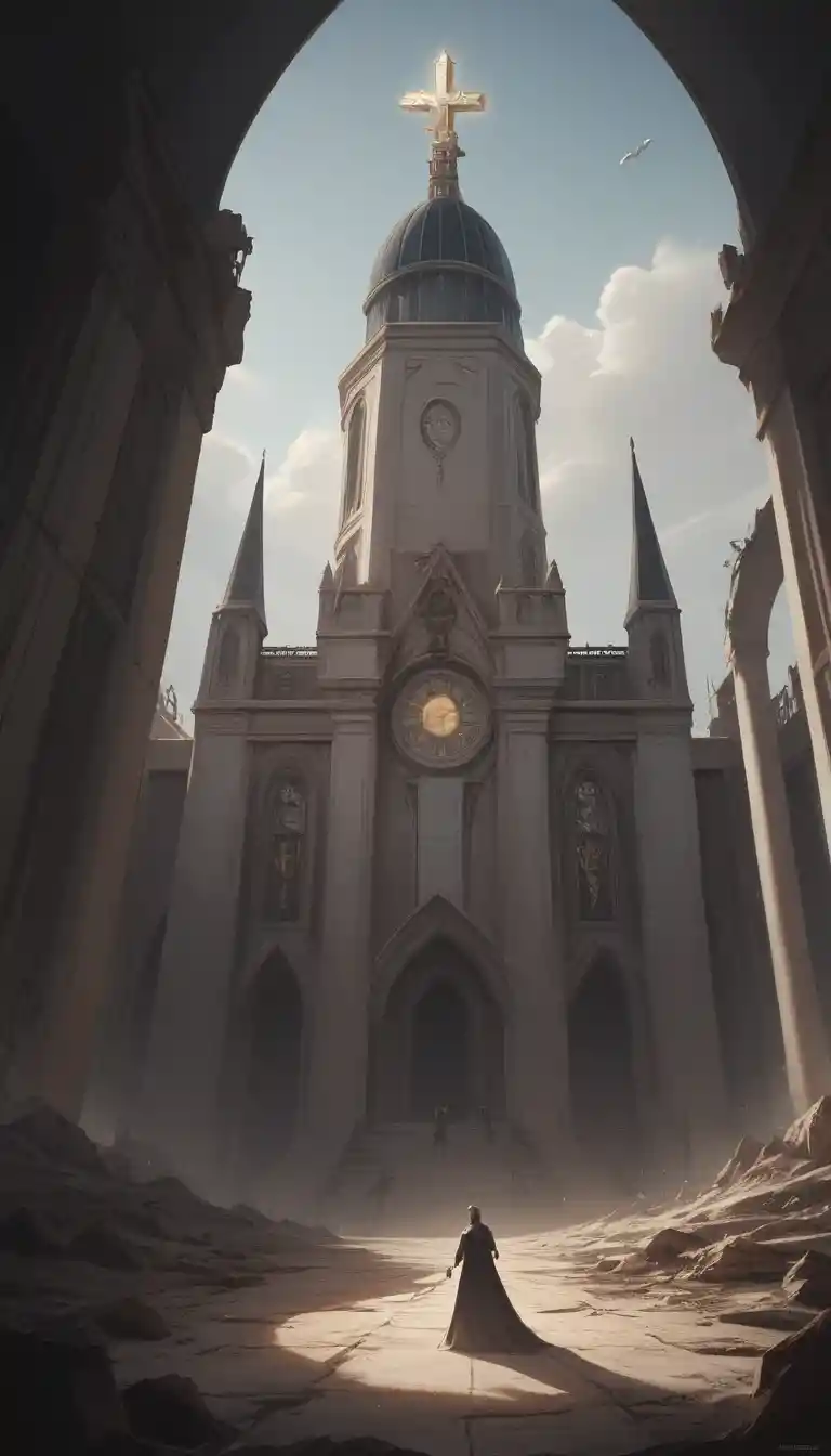 Art deco dragon guardian towers over a shattered city fortress