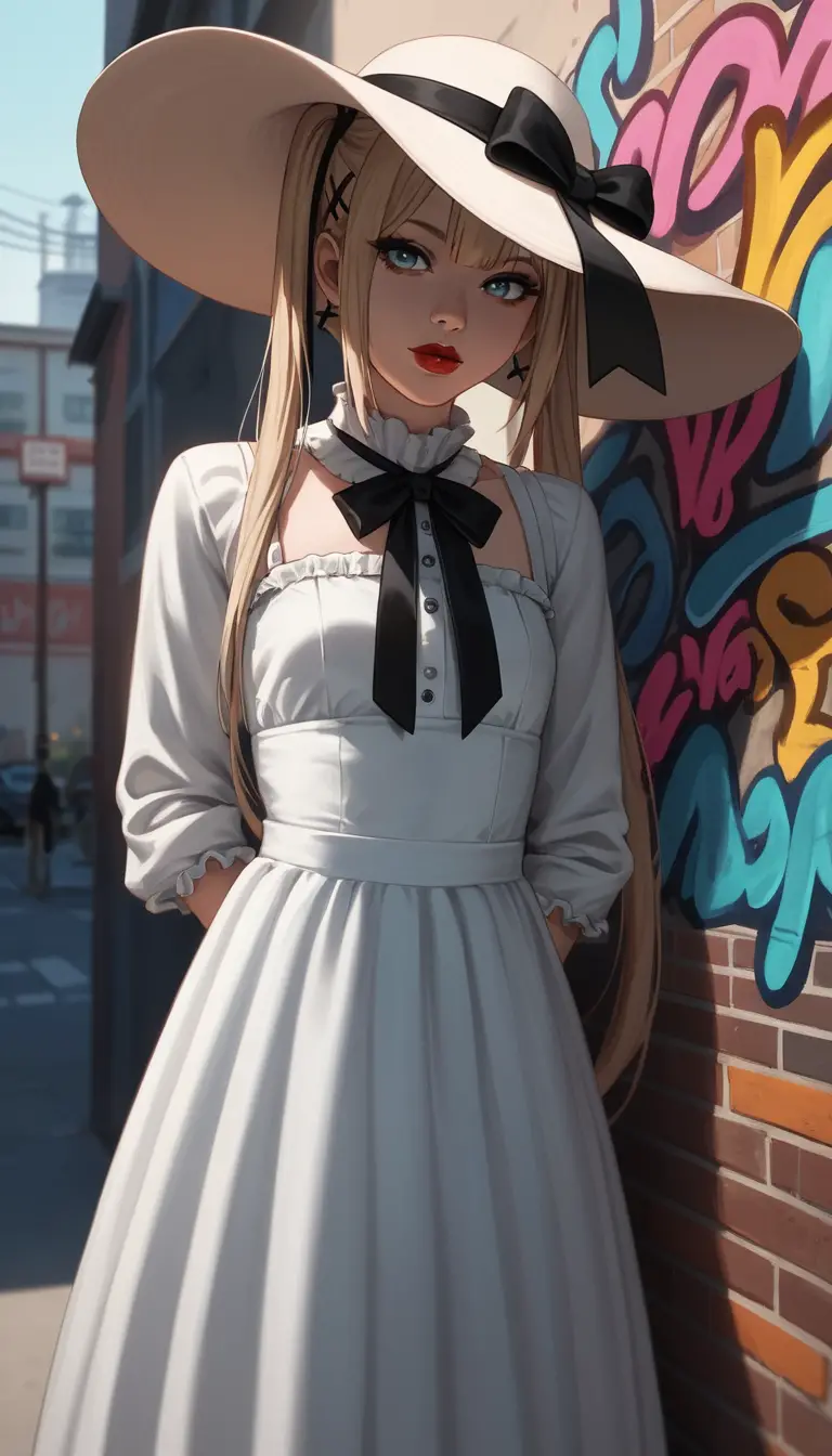 Anime girl in glasses posing on a city street
