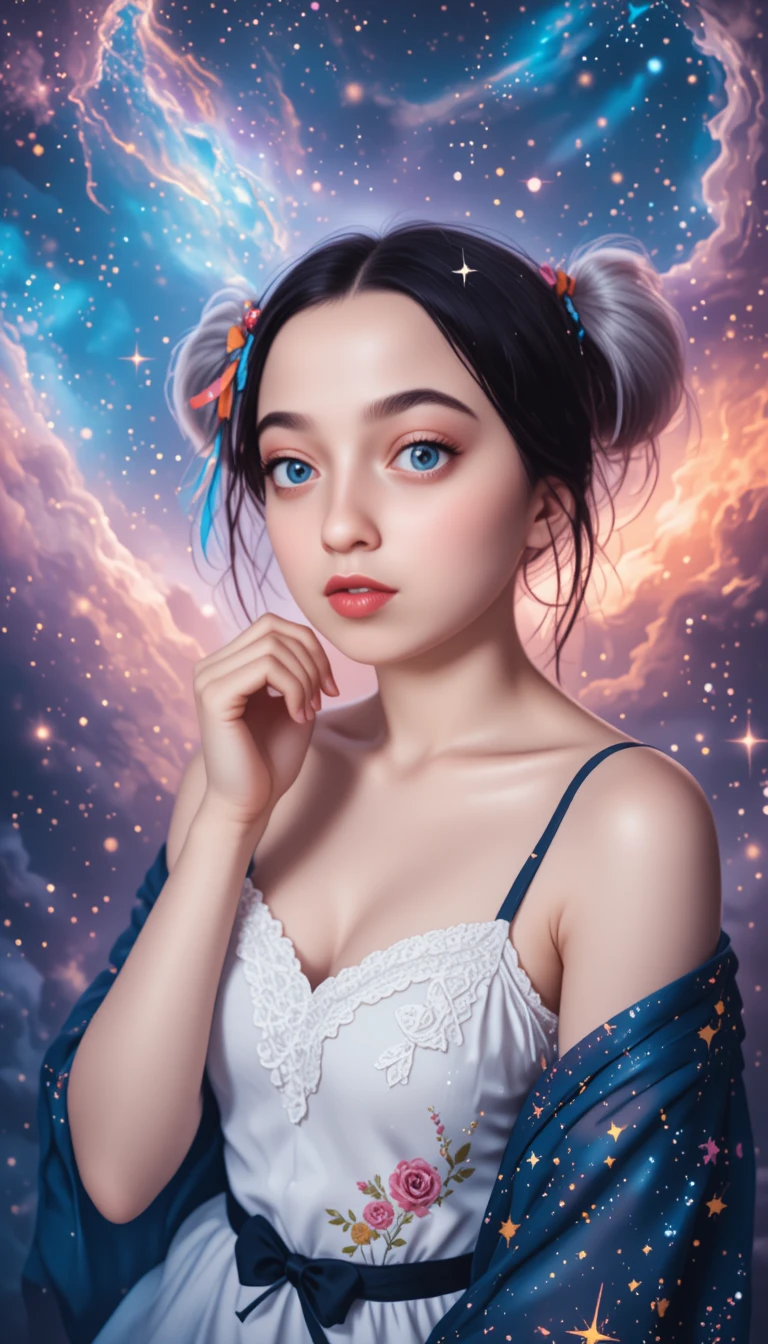 Fille anime en nuisette étoilée devant une nébuleuse cosmique colorée