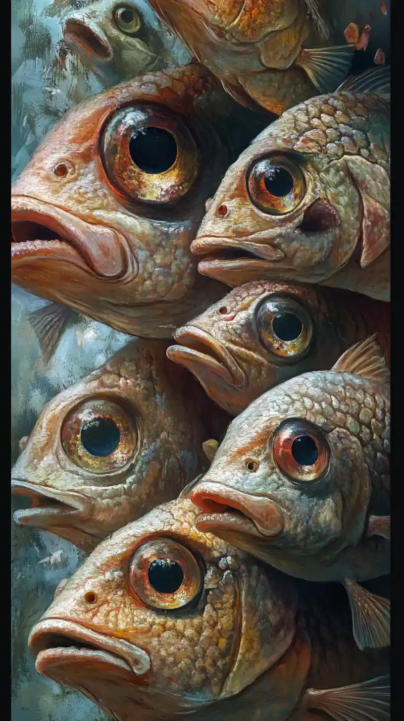 Surreal illusion of fish forming a strange multi image scene