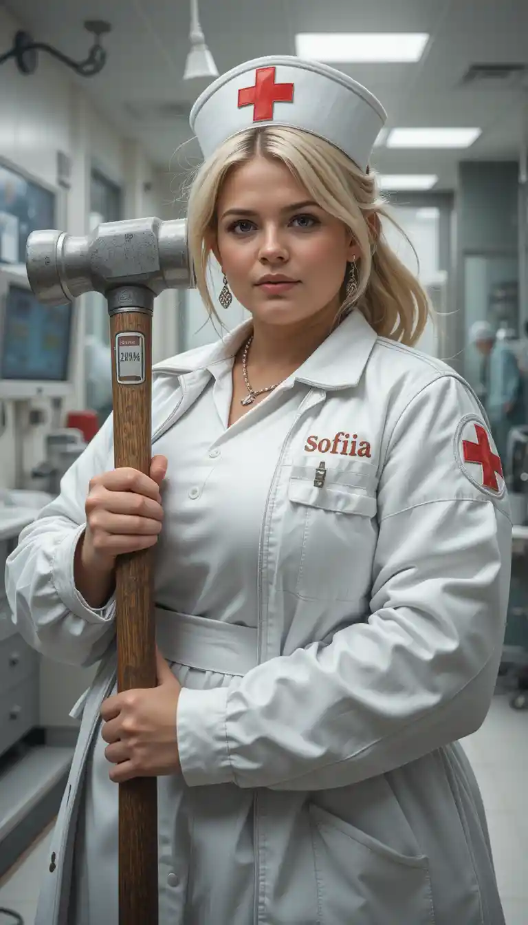 Blonde nurse with sledgehammer in a white hospital room