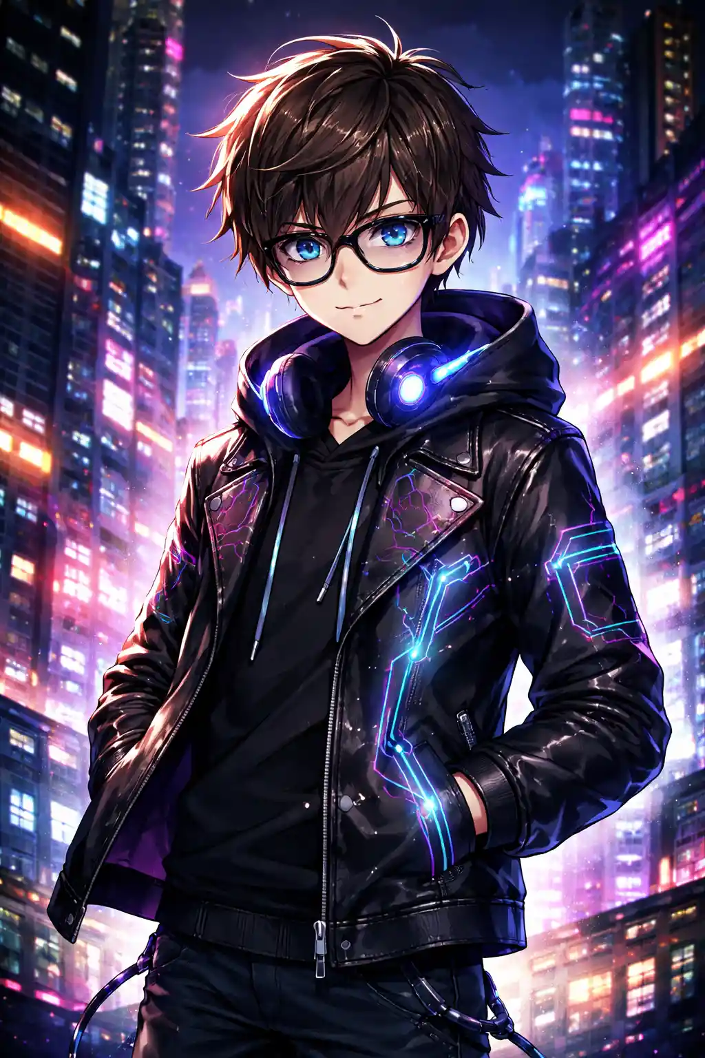 Anime boy in neon cyberpunk city with glowing jacket