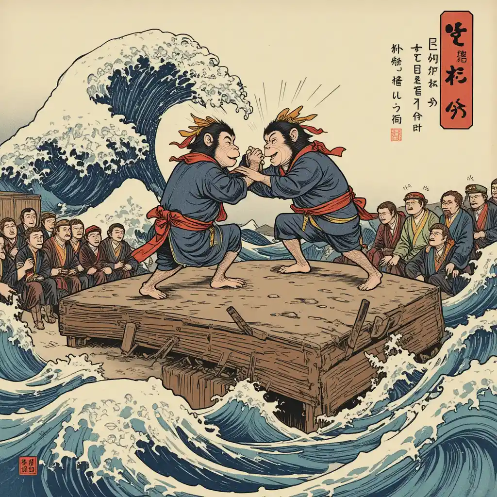 浮世絵の海辺で相撲を取る2匹のサル