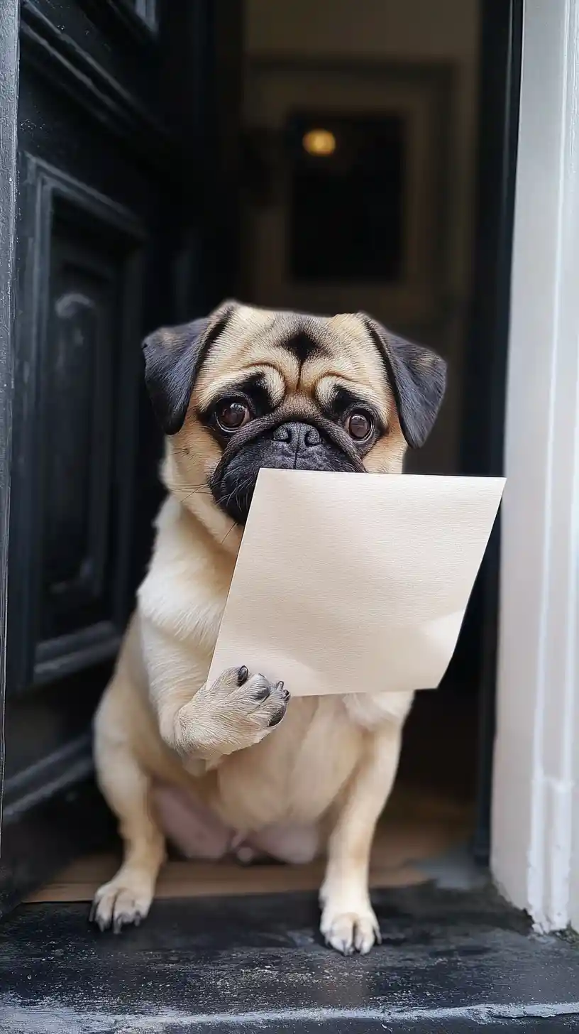 Dolce carlino corriere seduto con una lettera sulla porta