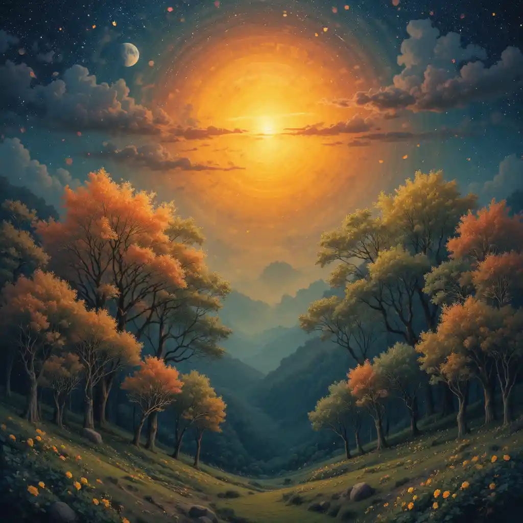 Colorful forest sunset with sun below and moon above