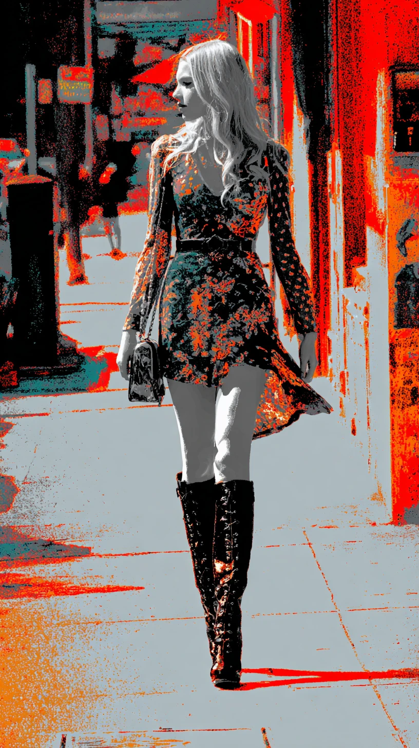 Stylish woman walking confidently down a vibrant city street