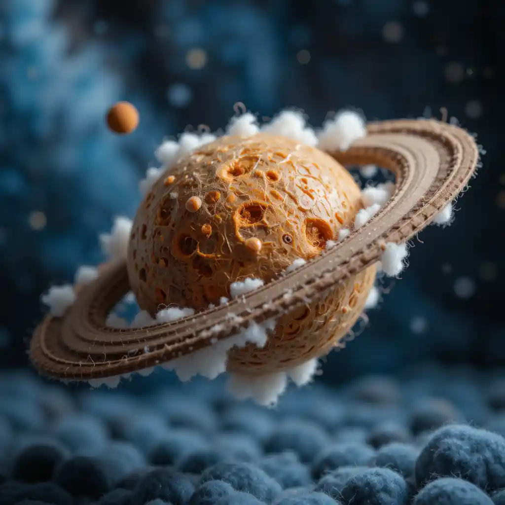 Mini planetas de lana flotando en una acogedora escena cósmica