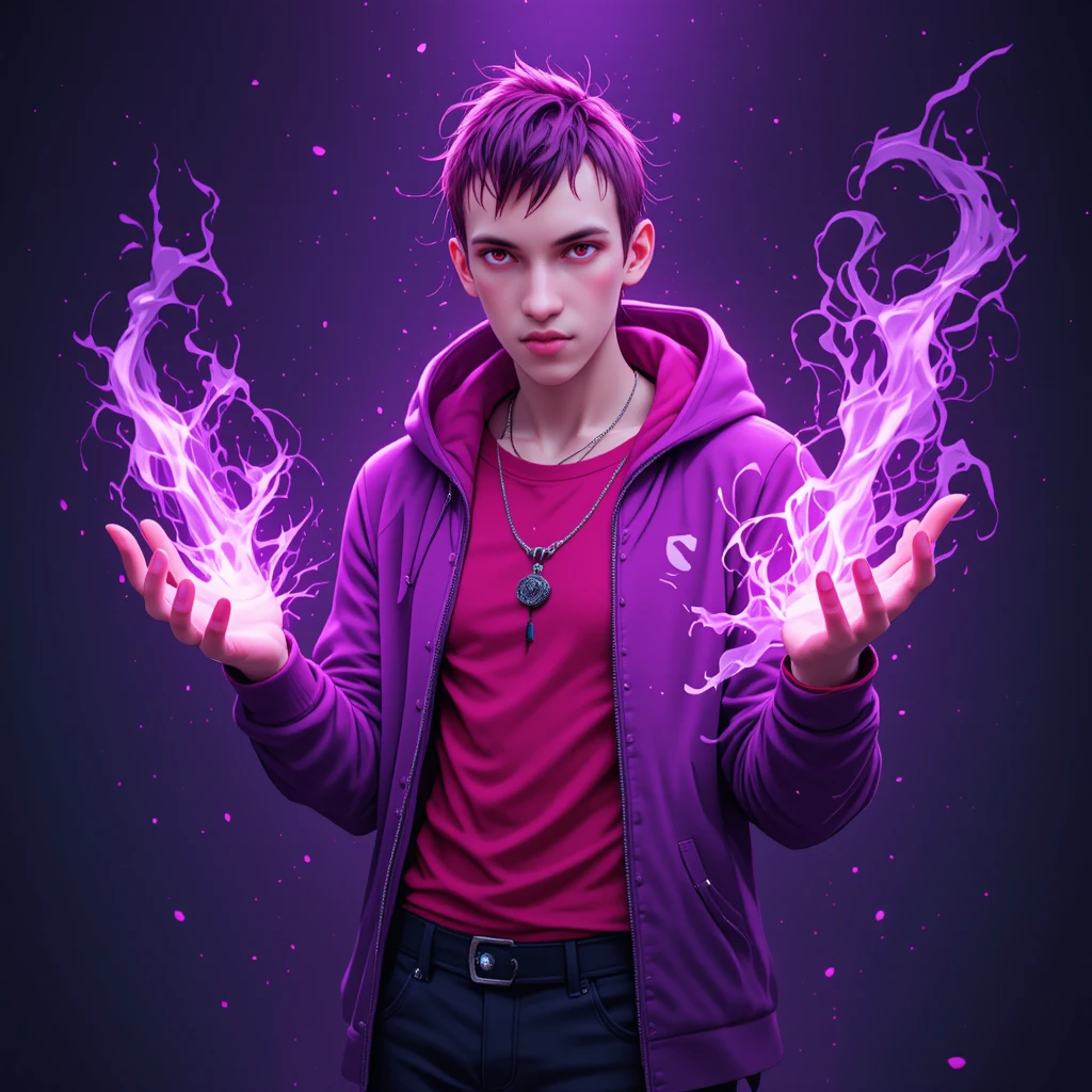 Magenta haired anime sorcerer with glowing red eyes