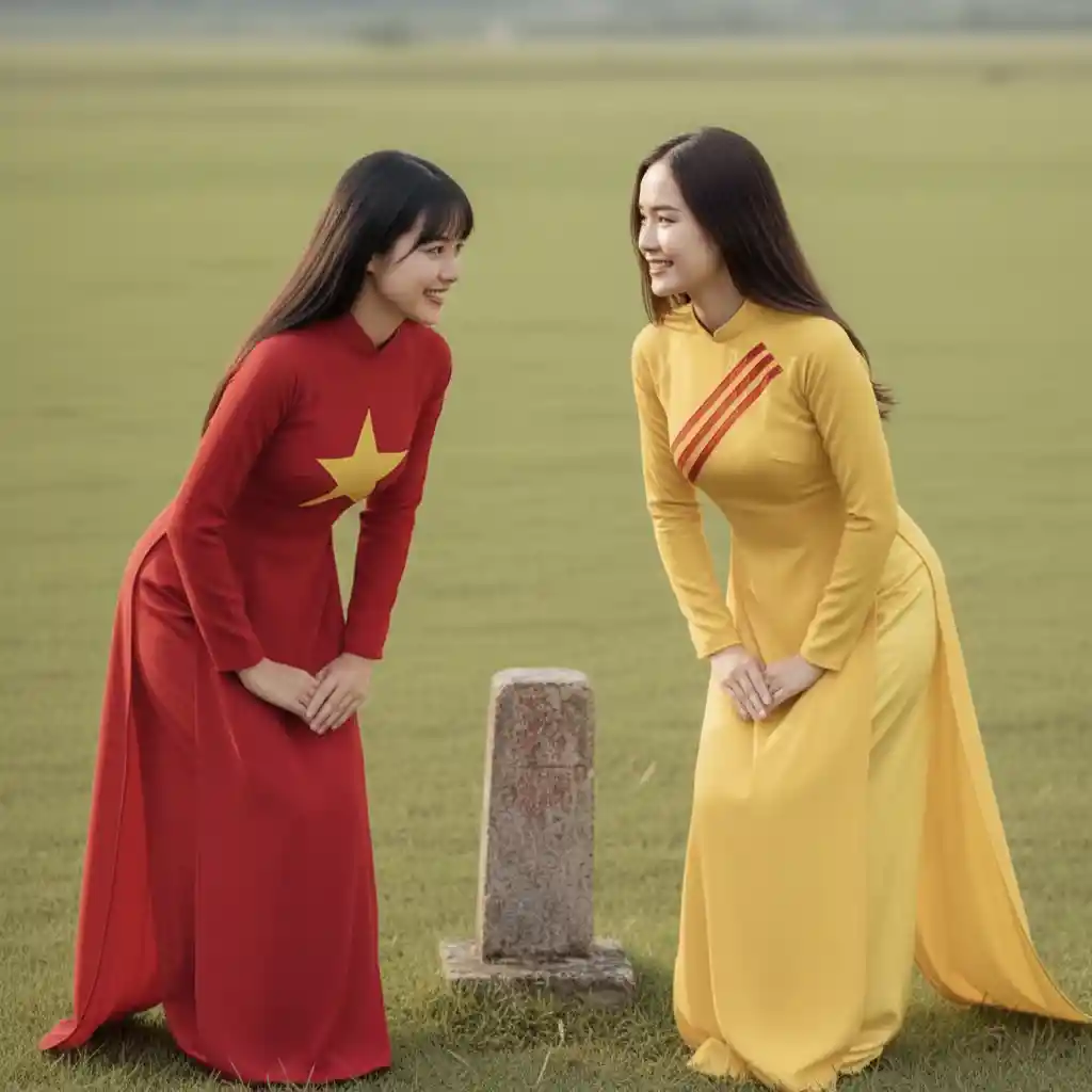 Two girls in traditional ao dai curtsying on a grass field