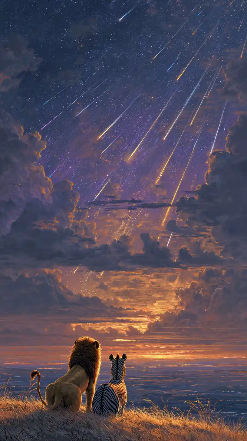 Lion and zebra watching meteors over dawn savannah sky