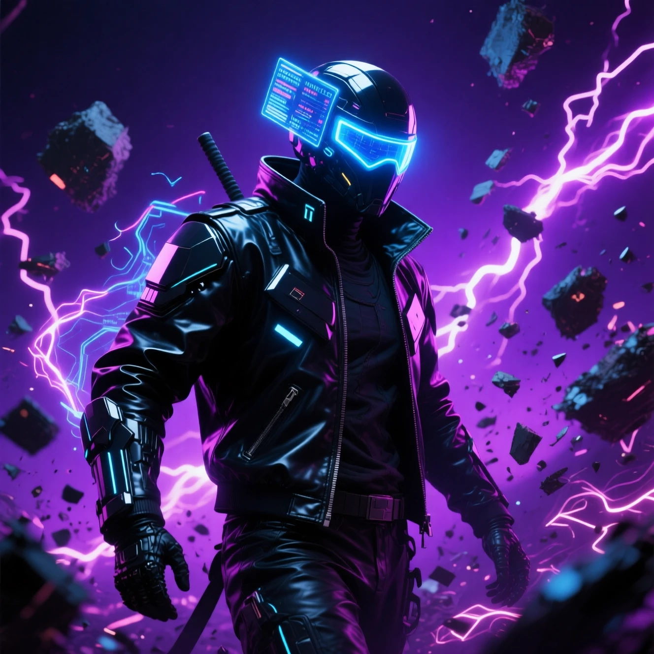 Guerrero cyberpunk con armadura neón y visor brillante