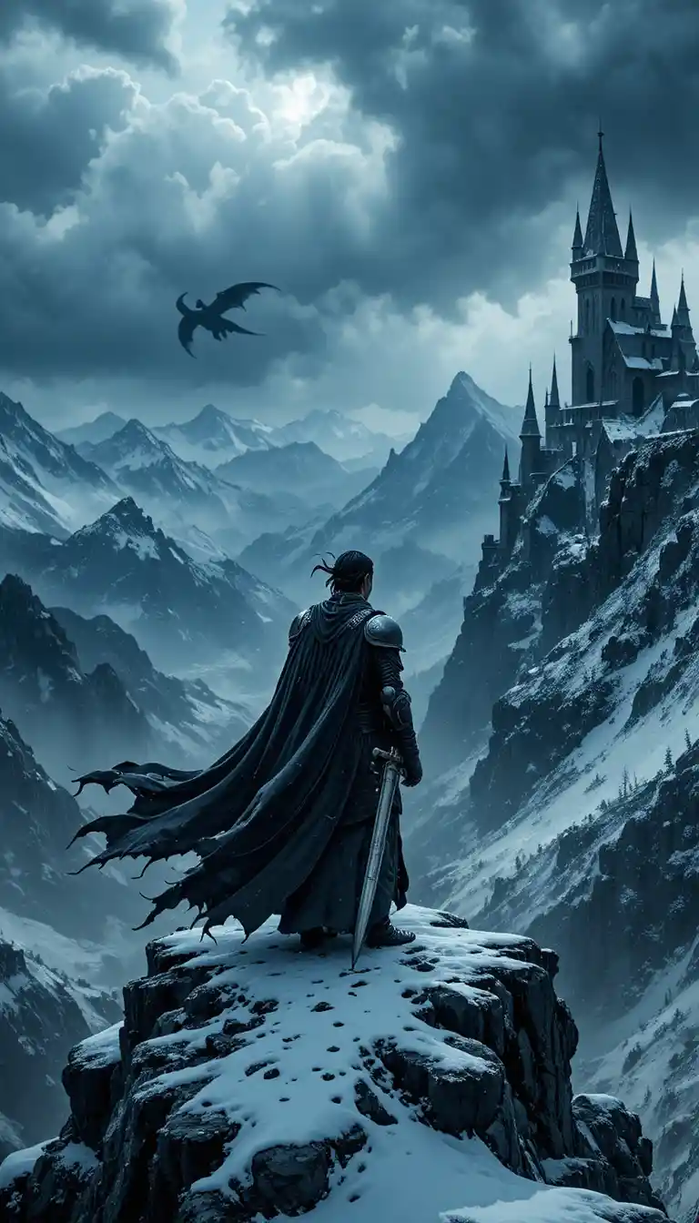 Lone warrior king on snowy cliff in stormy sky