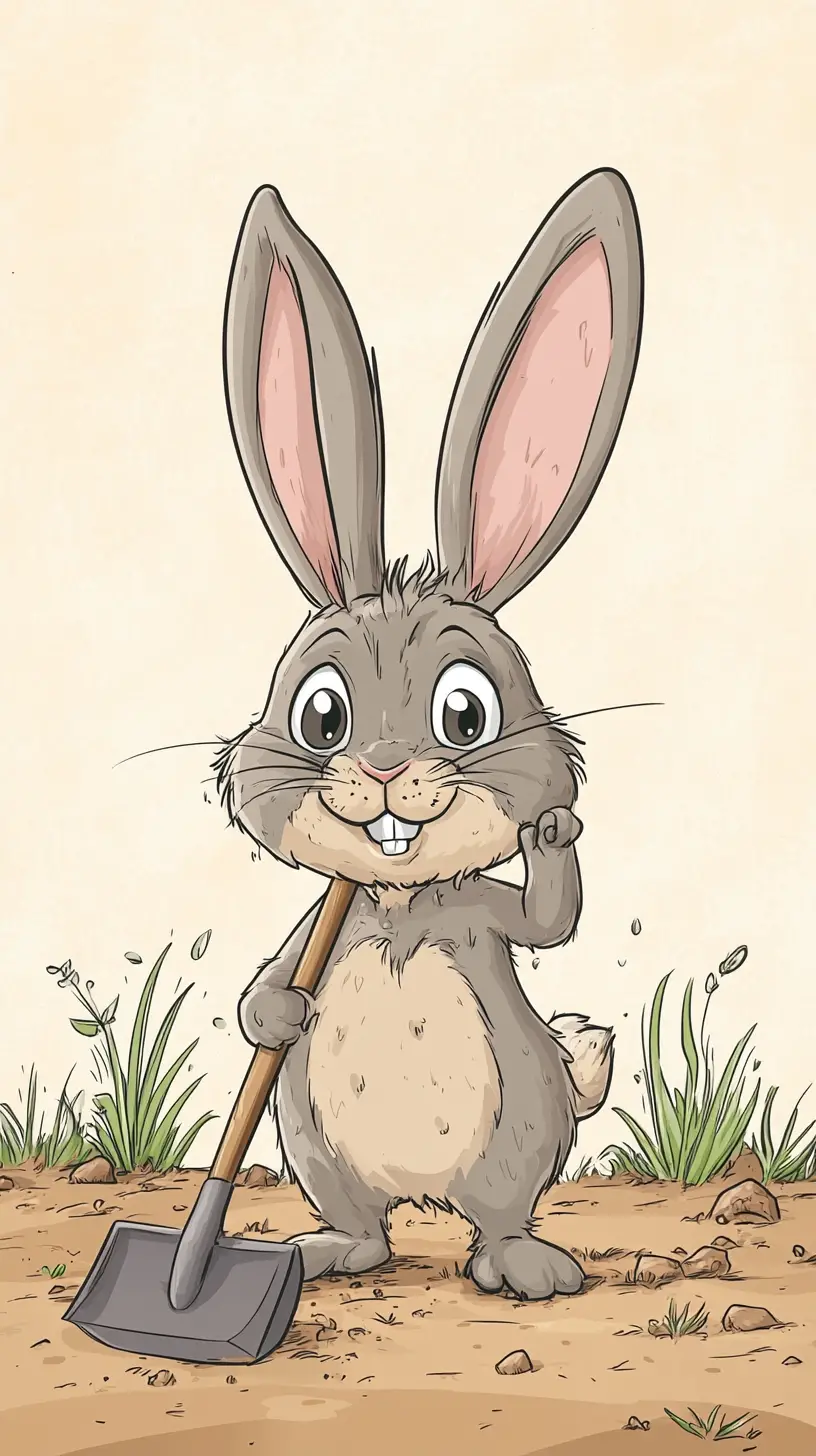 Cartoon-Hase, der in der Hitze mit einer Schaufel gräbt