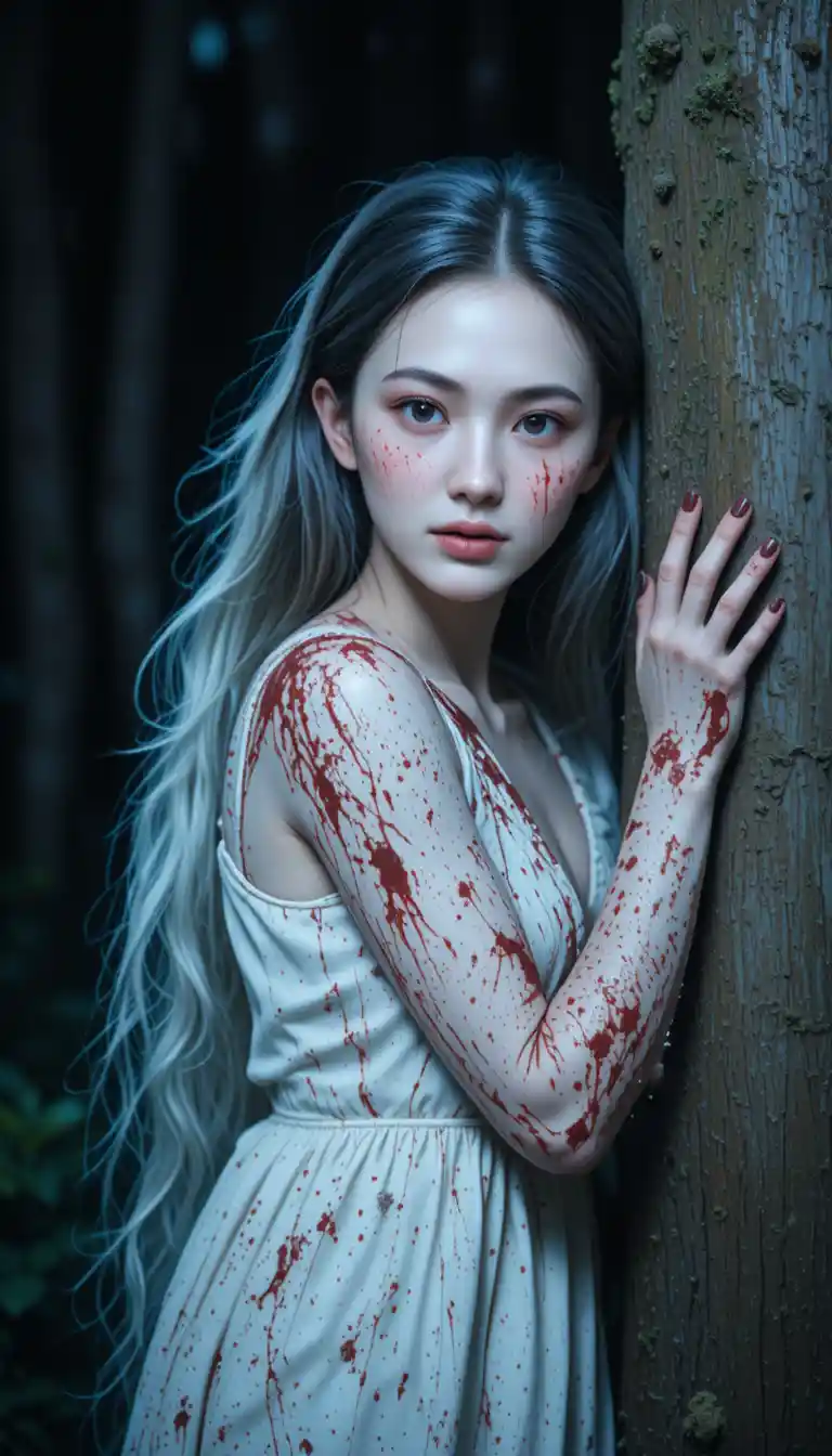 Terrified albino girl in a dark forest at night