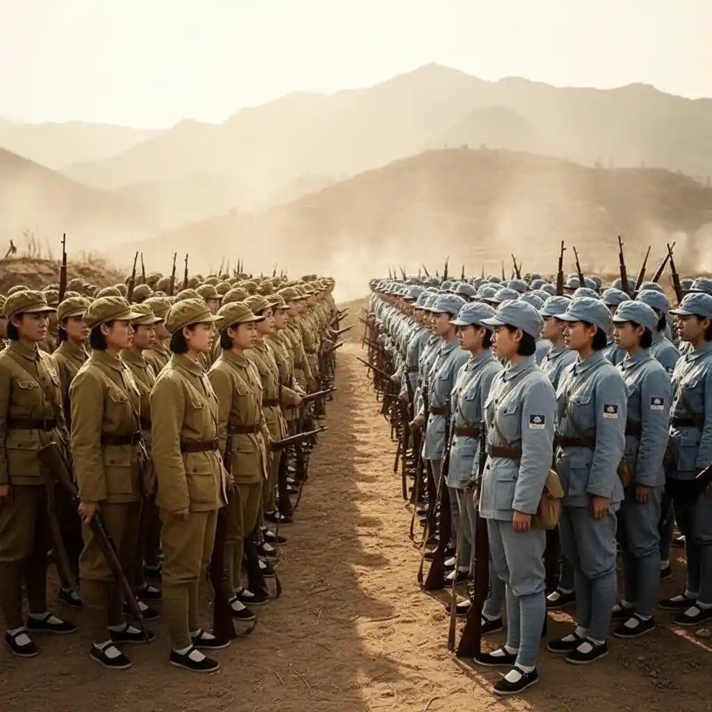 Sorelle dell’esercito cinese una di fronte all’altra in formazione di guerra