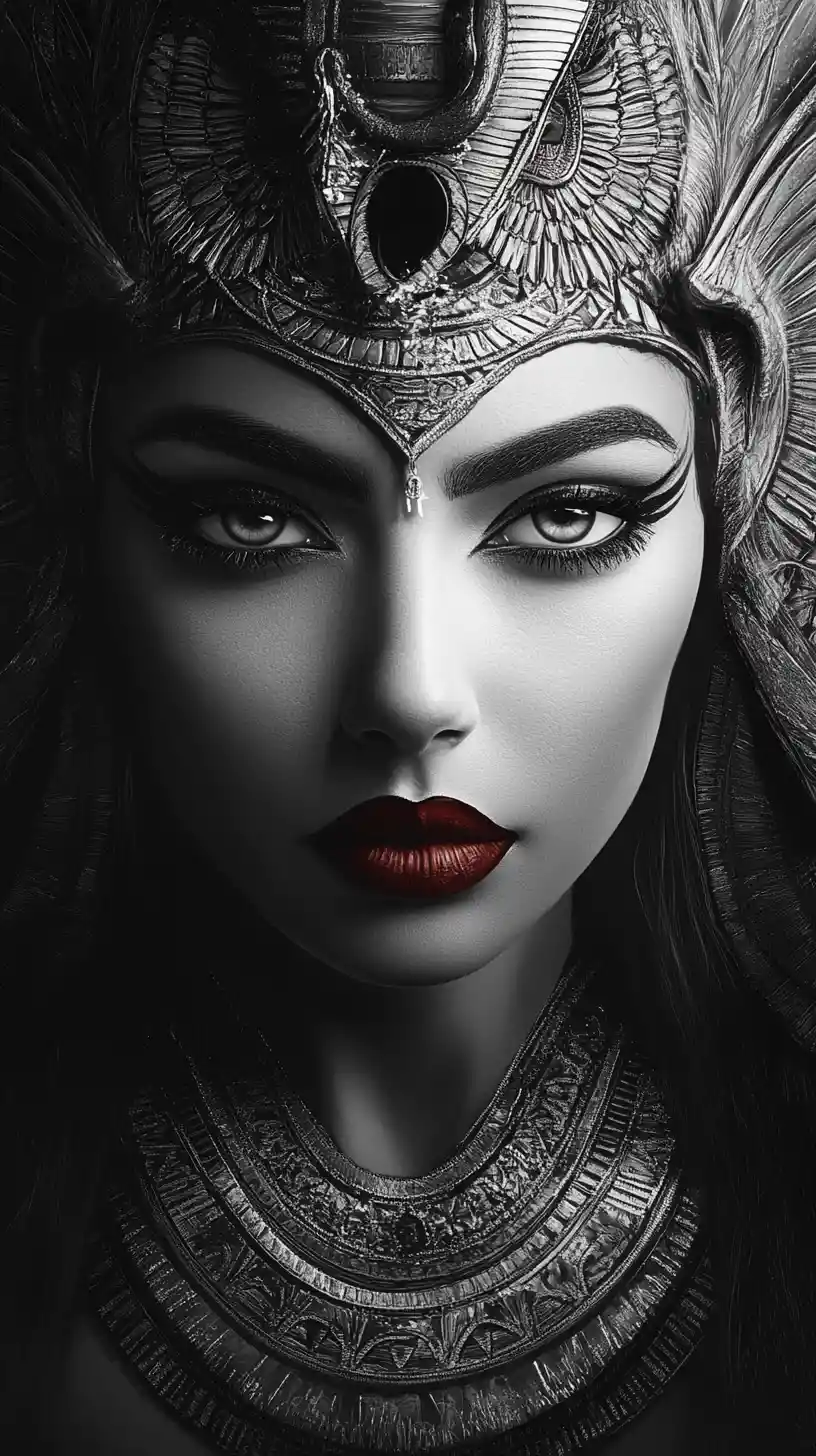 Majestic Egyptian goddess portrait in black and white illustration