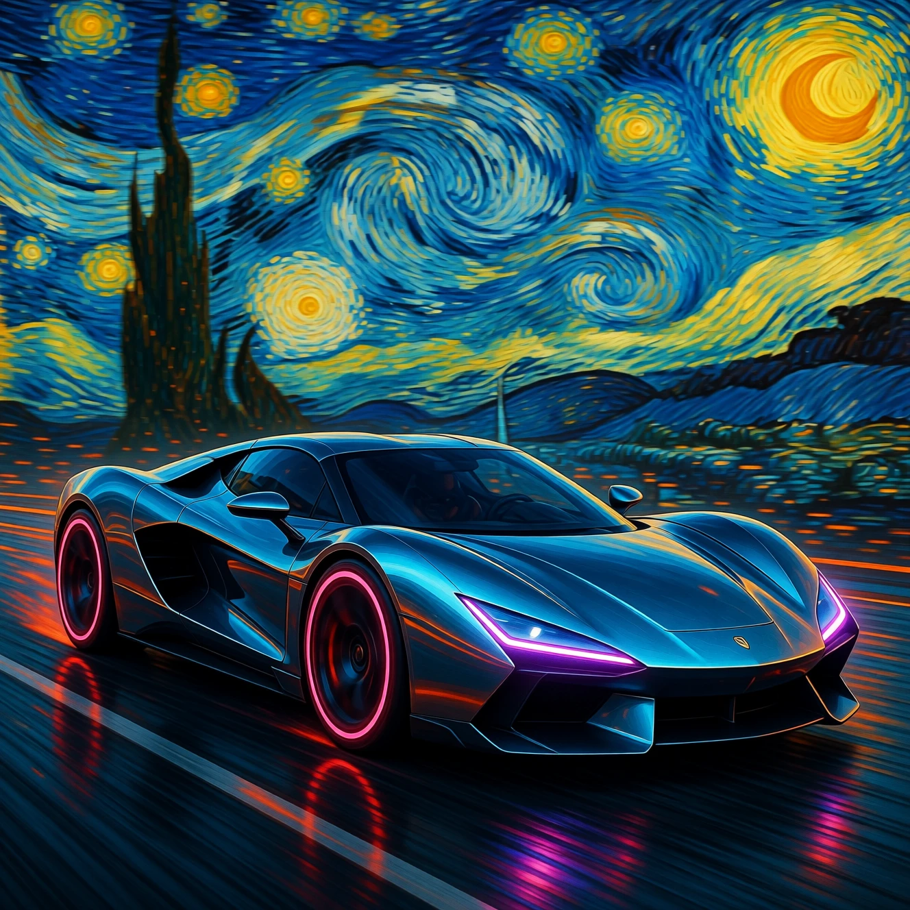 Supercar futuristica che sfreccia in una città sci-fi illuminata al neon