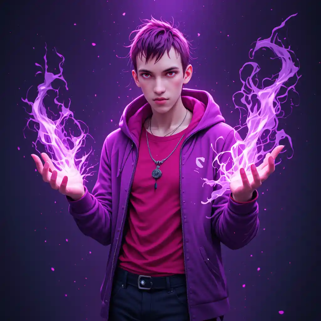 Magenta haired anime sorcerer with glowing red eyes
