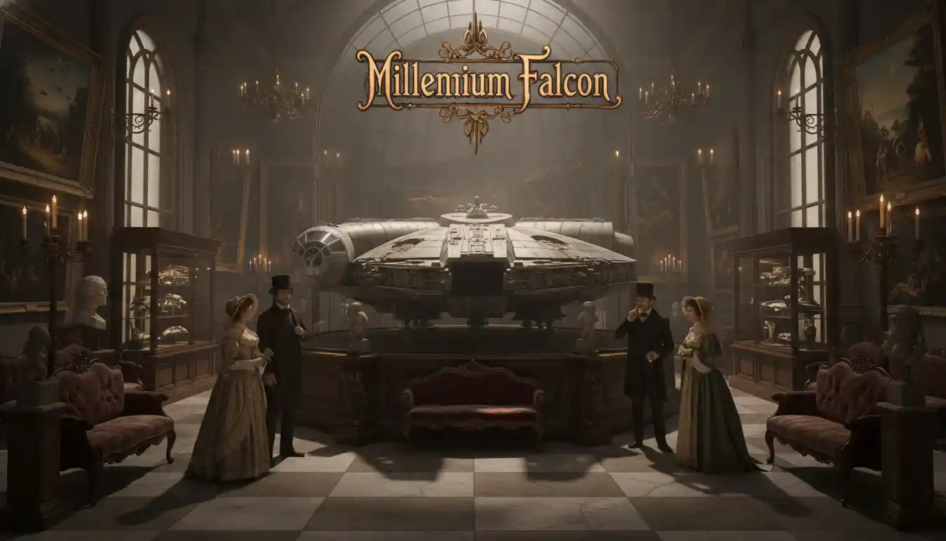 Victorian era museum visitors viewing a spaceship exhibit
