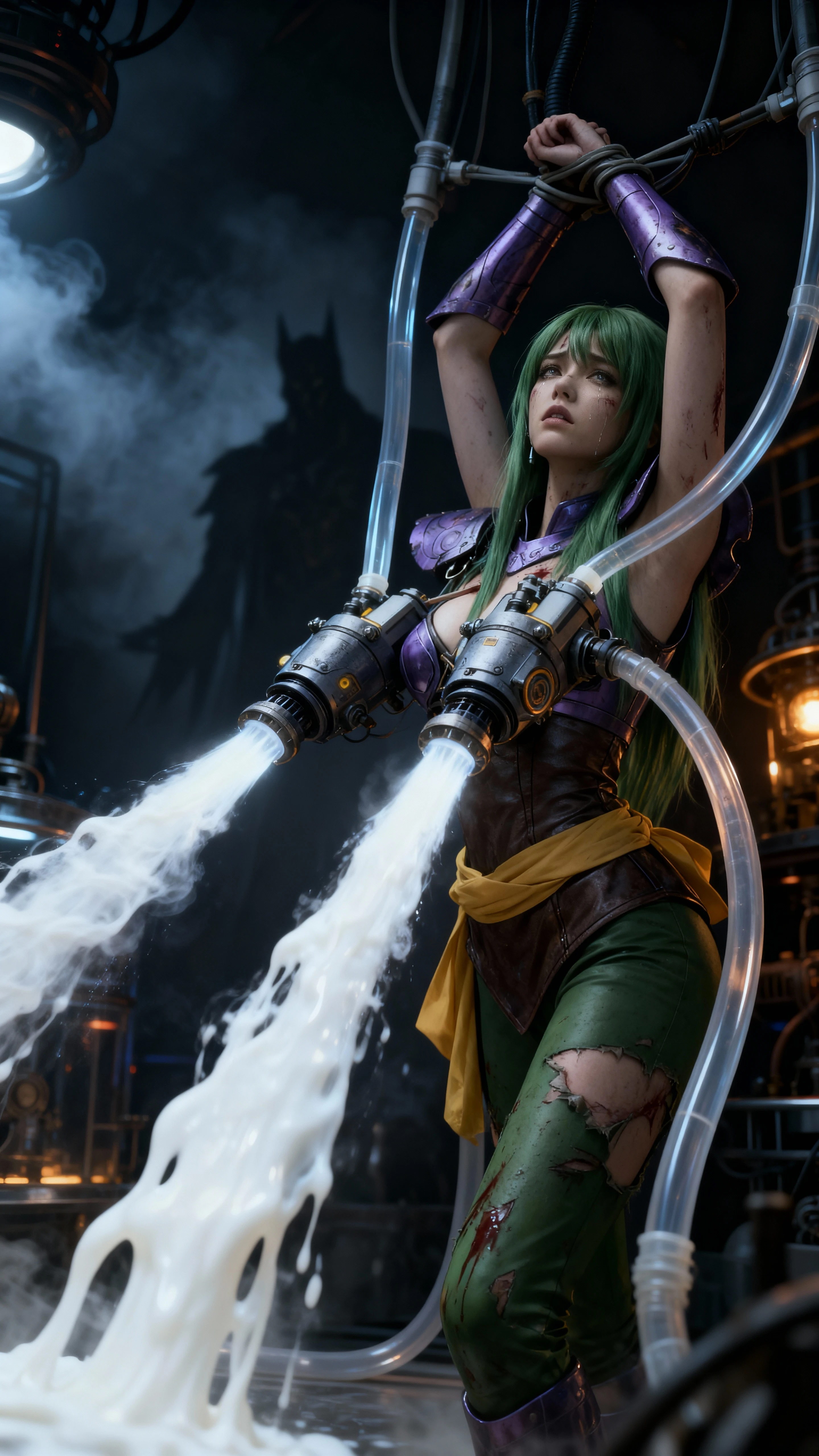 Eroina dark fantasy trattenuta nel laboratorio di un villain