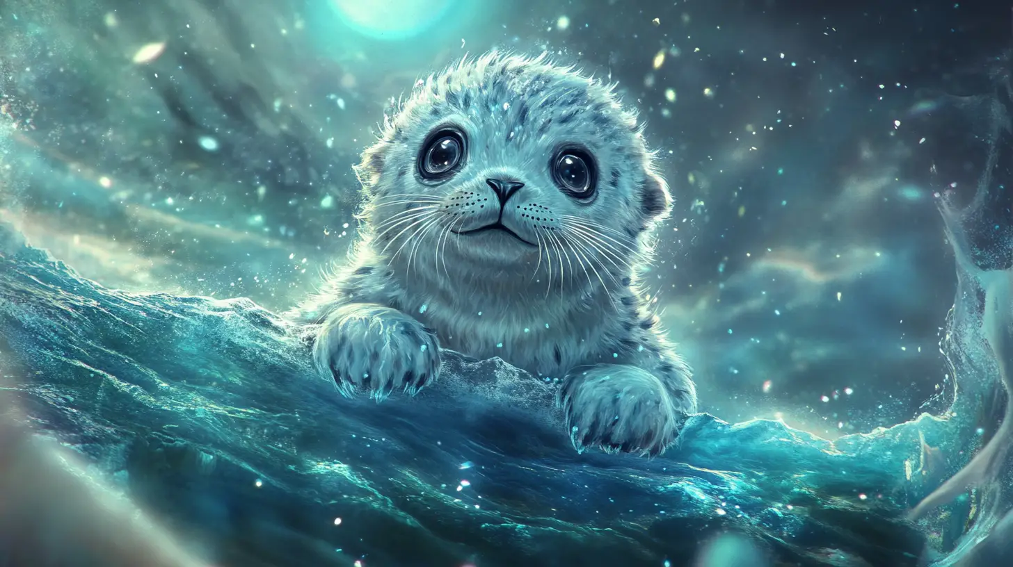 魔幻月光下冰緣上的小海豹