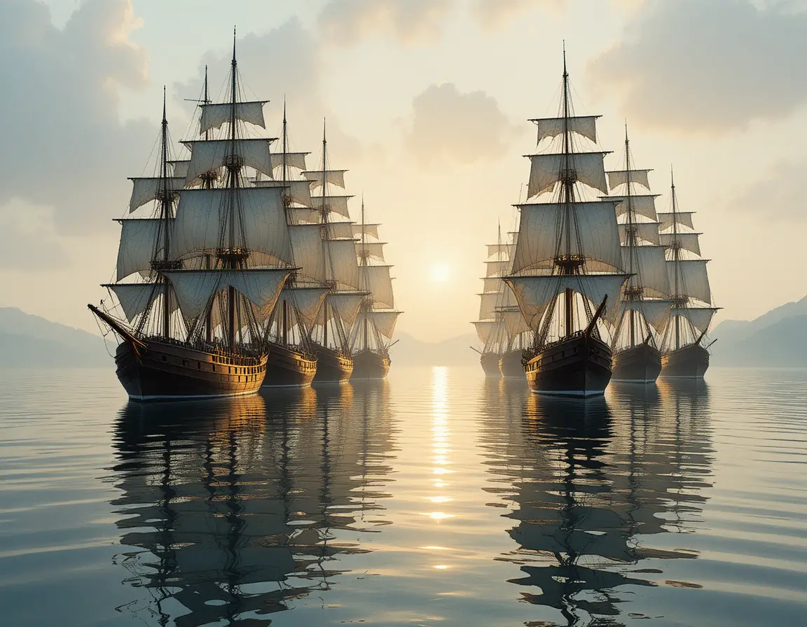 Fleet of schooners at dawn on a tranquil wide river