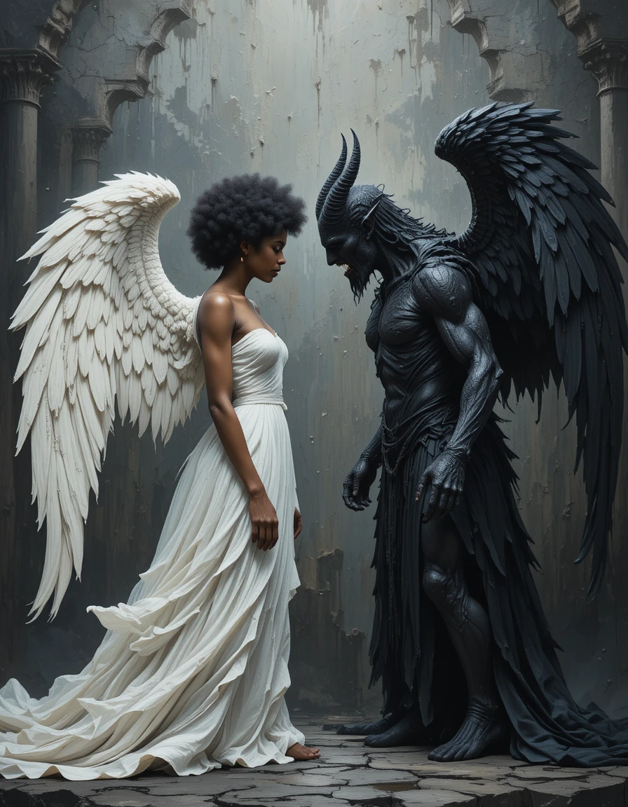 Angel and demon facing each other above a dark castle