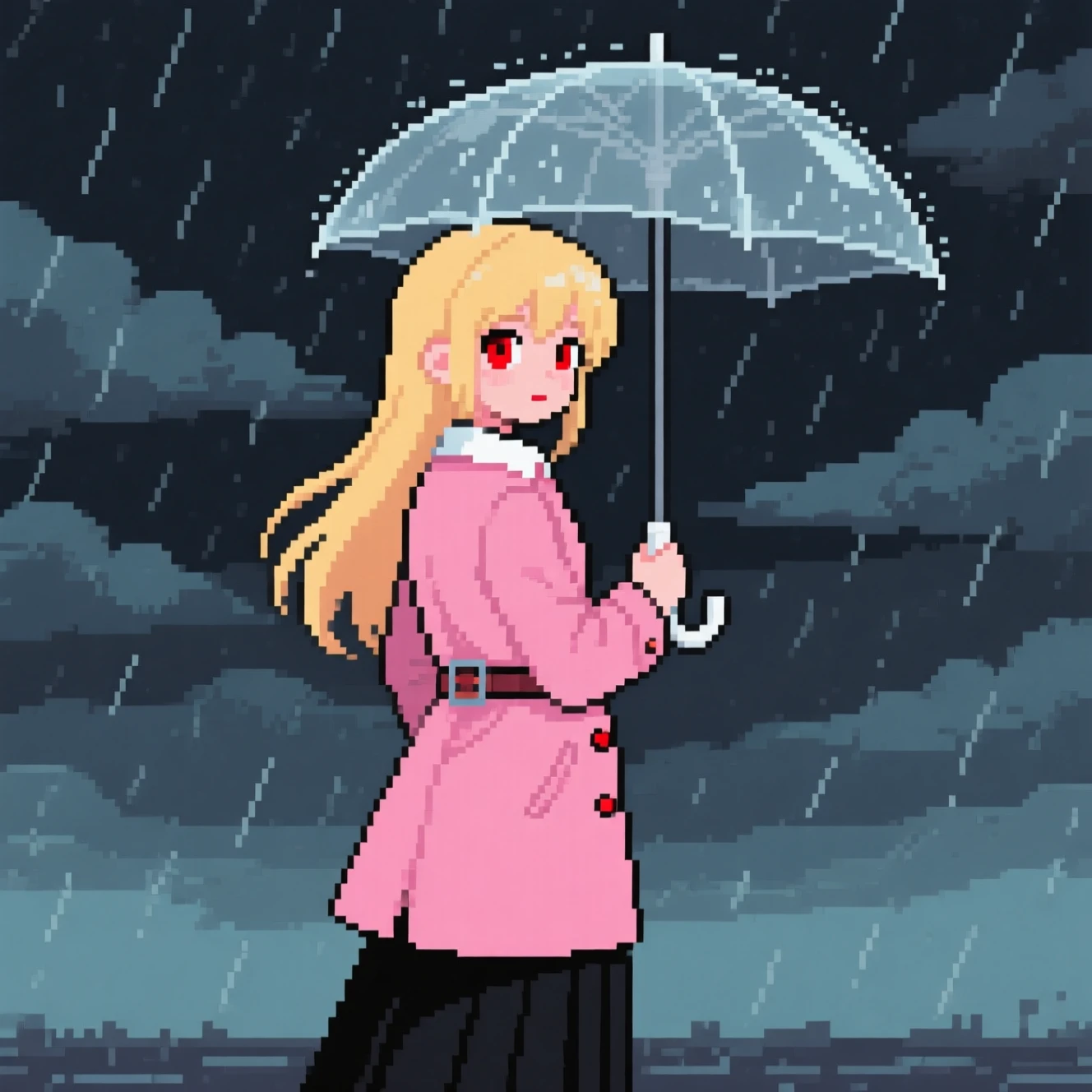 Anime girl with umbrella in nostalgic pixel art rain